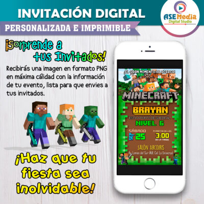 Minecraft Invitación Digital de Cumpleaños