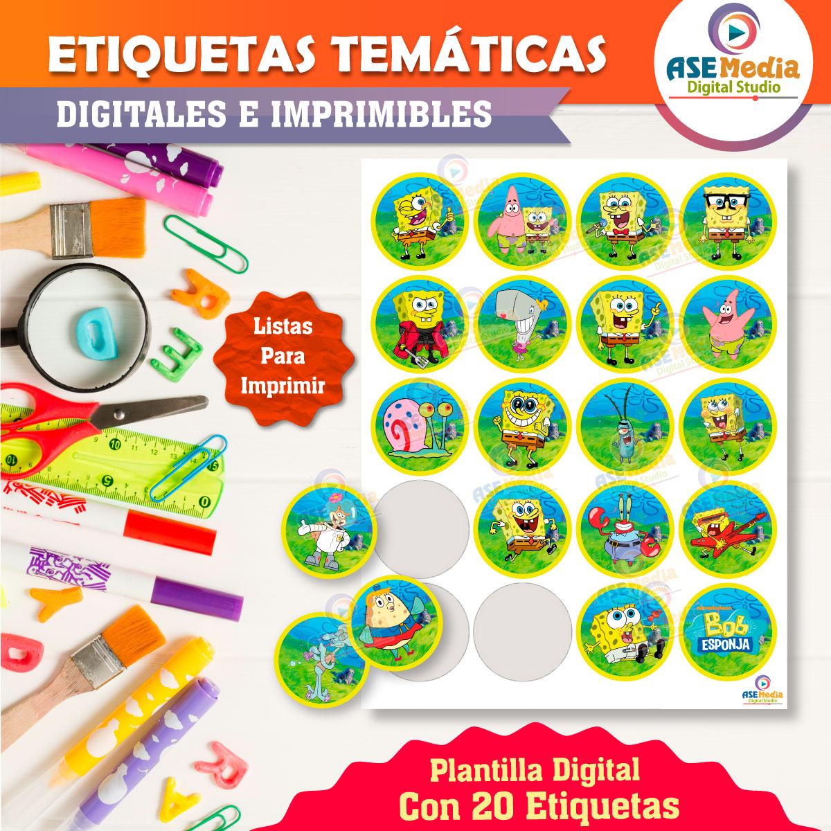 Bob Esponja Etiquetas Temáticas Imprimibles para Cumpleaños - Imagen 2