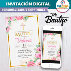 Mi Bautizo de Niña Estilo Floral Rosa Invitación Digital