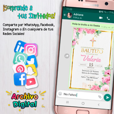 Mi Bautizo de Niña Estilo Floral Rosa Invitación Digital