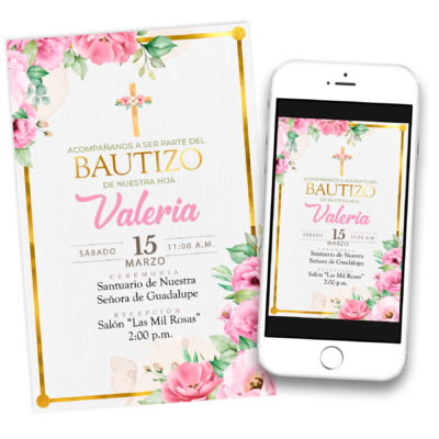 Mi Bautizo de Niña Estilo Floral Rosa Invitación Digital