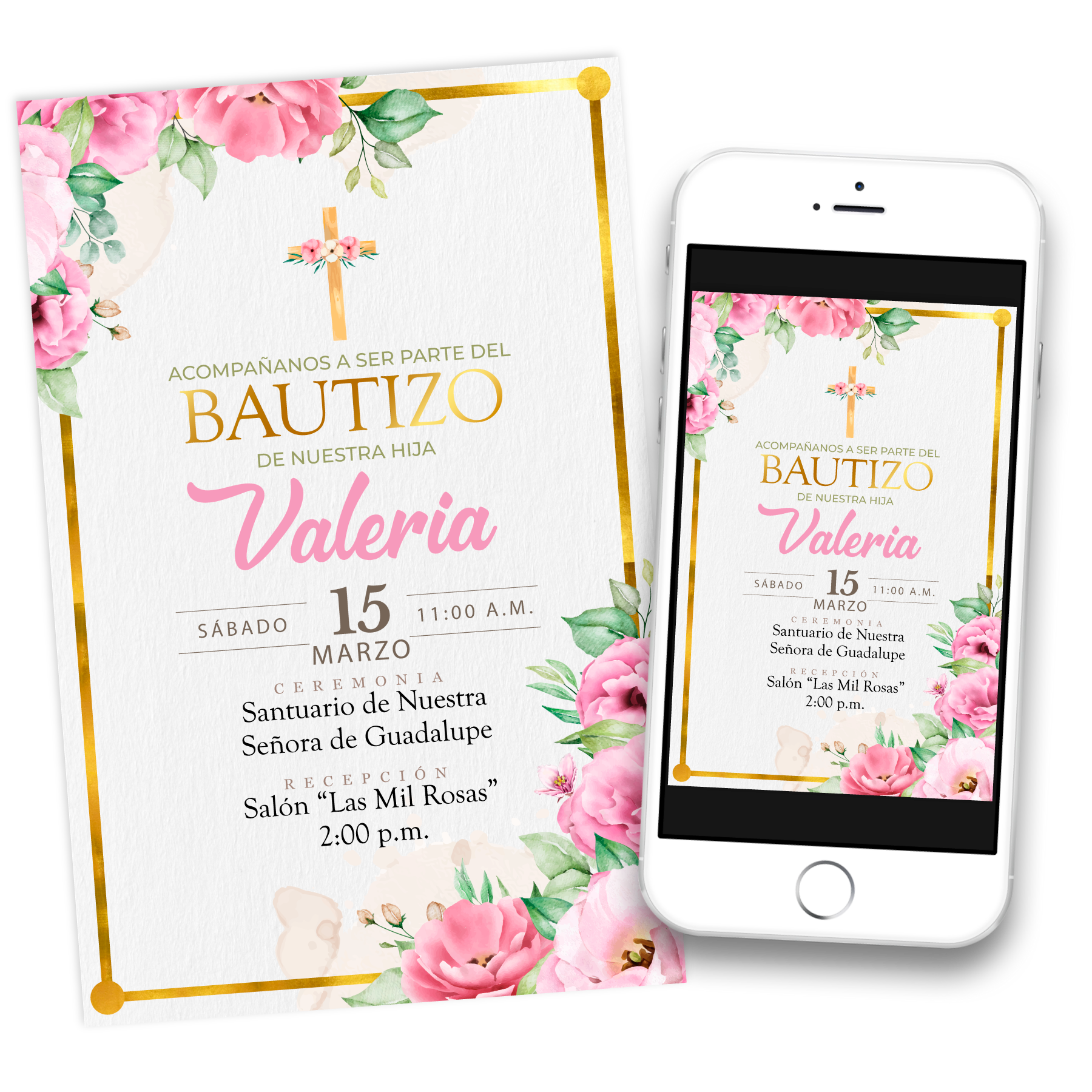 Mi Bautizo de Niña Estilo Floral Rosa Invitación Digital