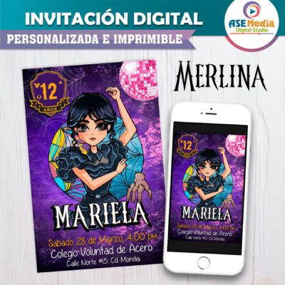 Merlina Wednesday Addams Invitación Digital de Cumpleaños