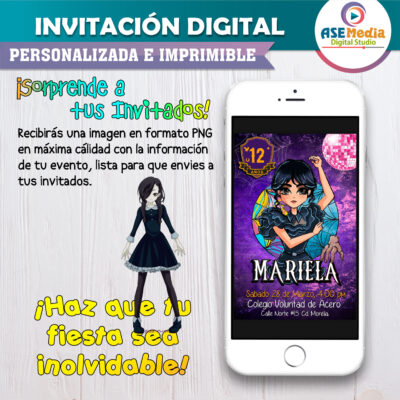 Merlina Wednesday Addams Invitación Digital de Cumpleaños