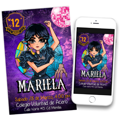 Merlina Wednesday Addams Invitación Digital de Cumpleaños