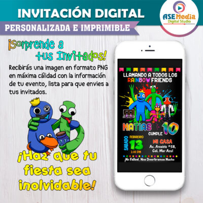 Rainbow Friends Invitación Digital de Cumpleaños Mod 04