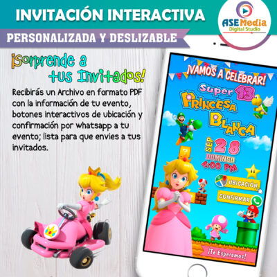 Princesa Peach Mario Bros Invitación Interactiva de Cumpleaños - Imagen 3