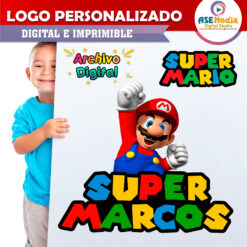 Alternative view of Mario Bros Saltando Logo Personalizado con Nombre para Cumpleaños