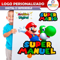 Alternative view of Mario Bros y Yoshi Logo Personalizado con Nombre para Cumpleaños