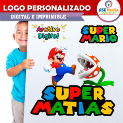 Alternative view of Mario Bros y Planta Piraña Logo Personalizado con Nombre para Cumpleaños
