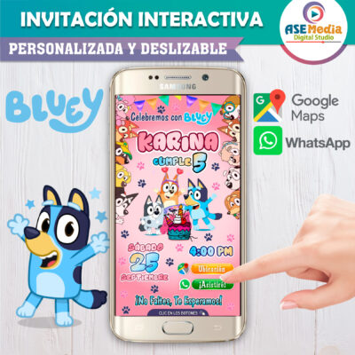 Alternative view of Bluey y Amigos Rosa Niña Invitación Interactiva de Cumpleaños