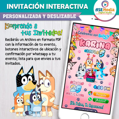 Bluey y Amigos Rosa Niña Invitación Interactiva de Cumpleaños - Imagen 3