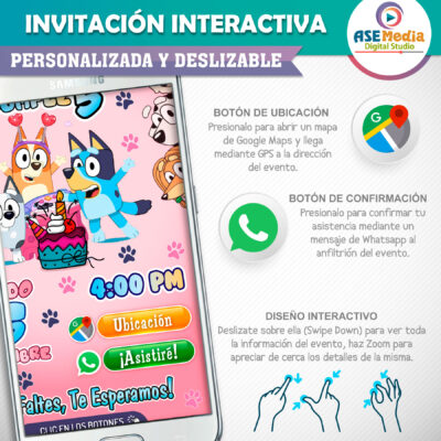 Bluey y Amigos Rosa Niña Invitación Interactiva de Cumpleaños - Imagen 4
