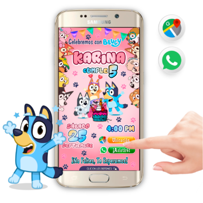 Bluey y Amigos Rosa Niña Invitación Interactiva de Cumpleaños
