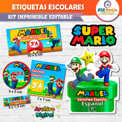 Mario Bros y Luigi Etiquetas Escolares Editables