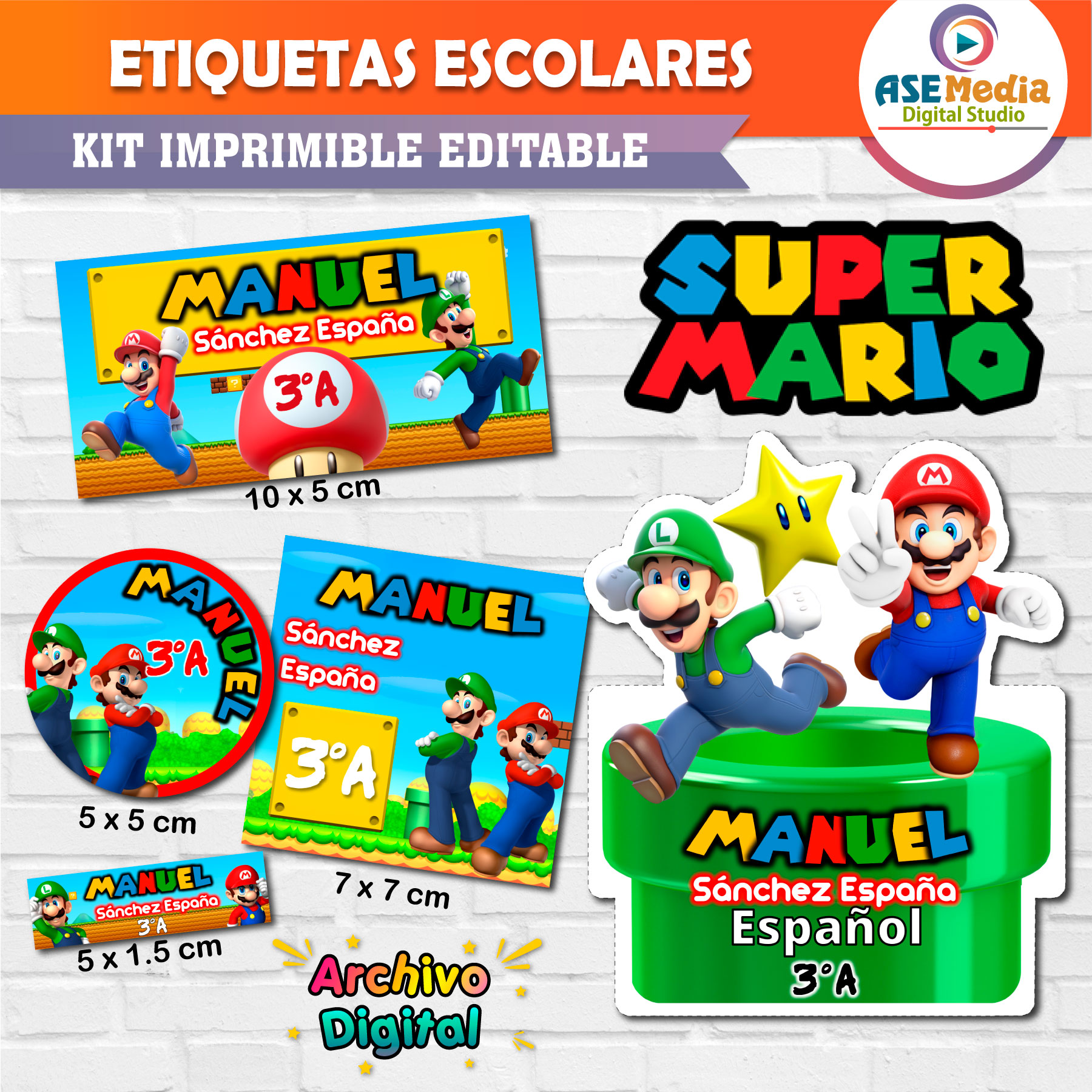 Mario Bros y Luigi Etiquetas Escolares Editables