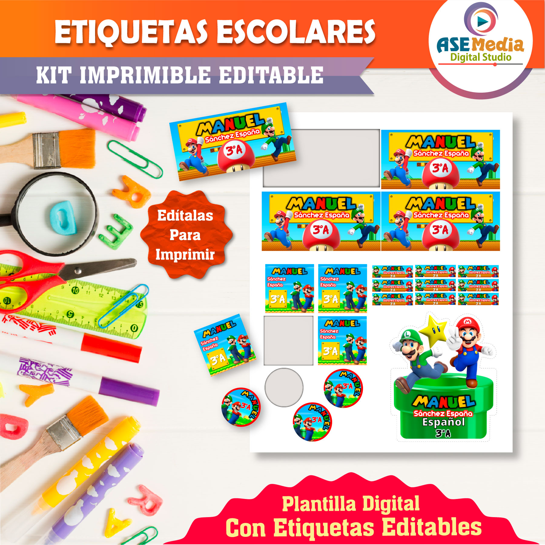 Mario Bros y Luigi Etiquetas Escolares Editables
