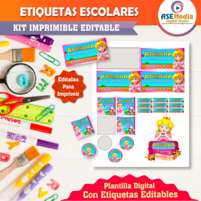 Princesa Peach Etiquetas Escolares Editables