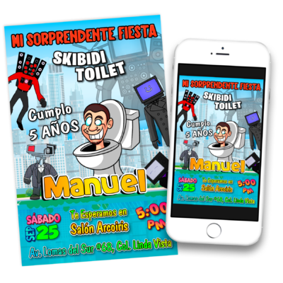 Skibidi Toilet Invitación Digital de Cumpleaños