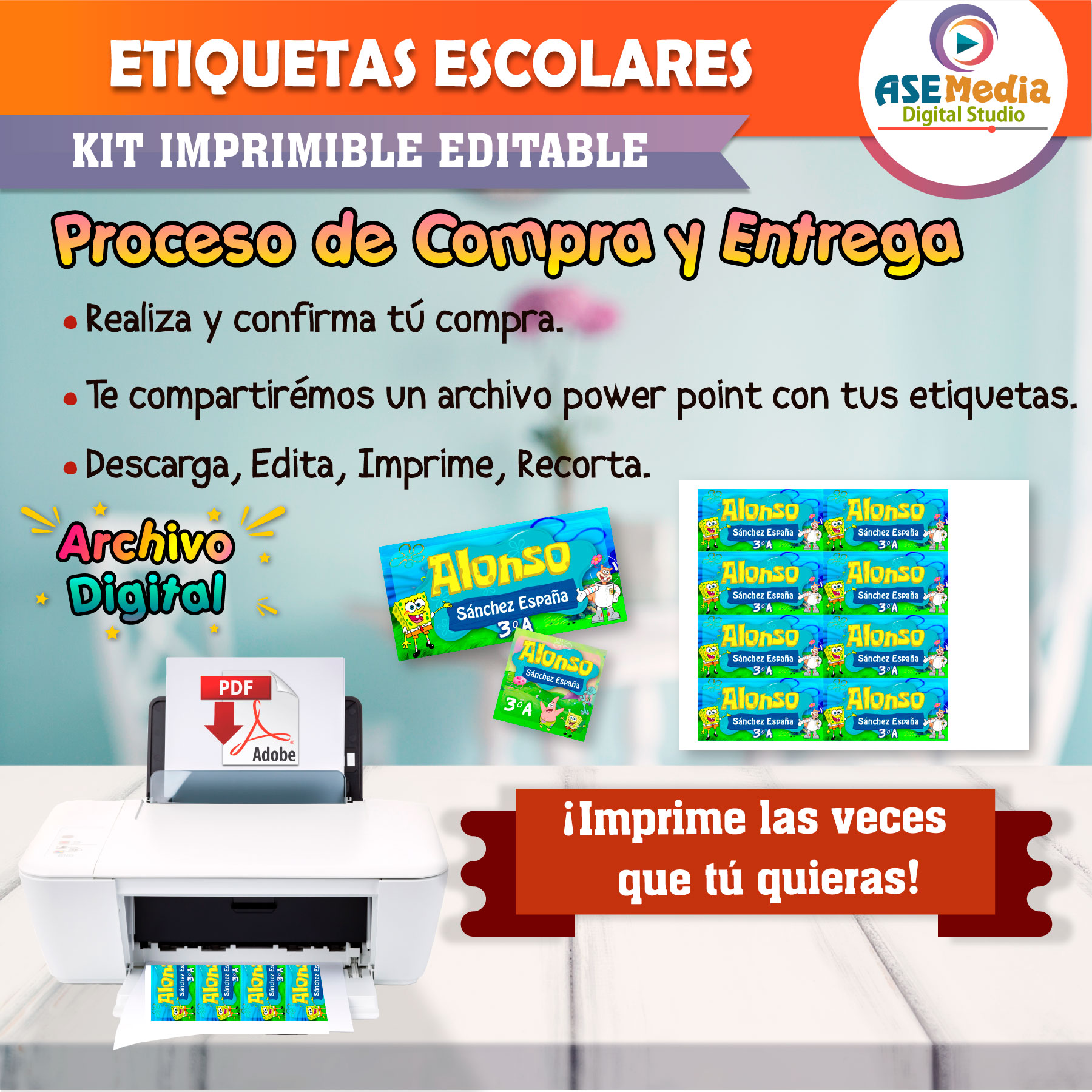 Bob Esponja Etiquetas Escolares Editables