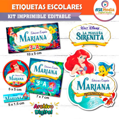 La Sirenita Ariel Etiquetas Escolares Editables