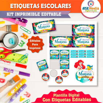 La Sirenita Ariel Etiquetas Escolares Editables