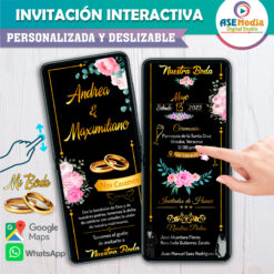 Mi Boda Dorado y Negro, Flores Coloridas Invitación Interactiva para Boda