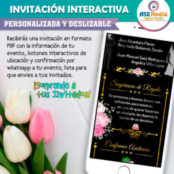 Mi Boda Dorado y Negro, Flores Coloridas Invitación Interactiva para Boda