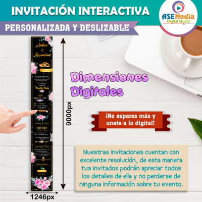 Mi Boda Dorado y Negro, Flores Coloridas Invitación Interactiva para Boda