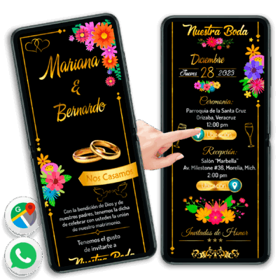 Mi Boda Dorado y Negro, Flores Coloridas Invitación Interactiva para Boda