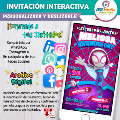 Ghost Spider Woman Gwen Niña Invitación Interactiva de Cumpleaños - Imagen 3