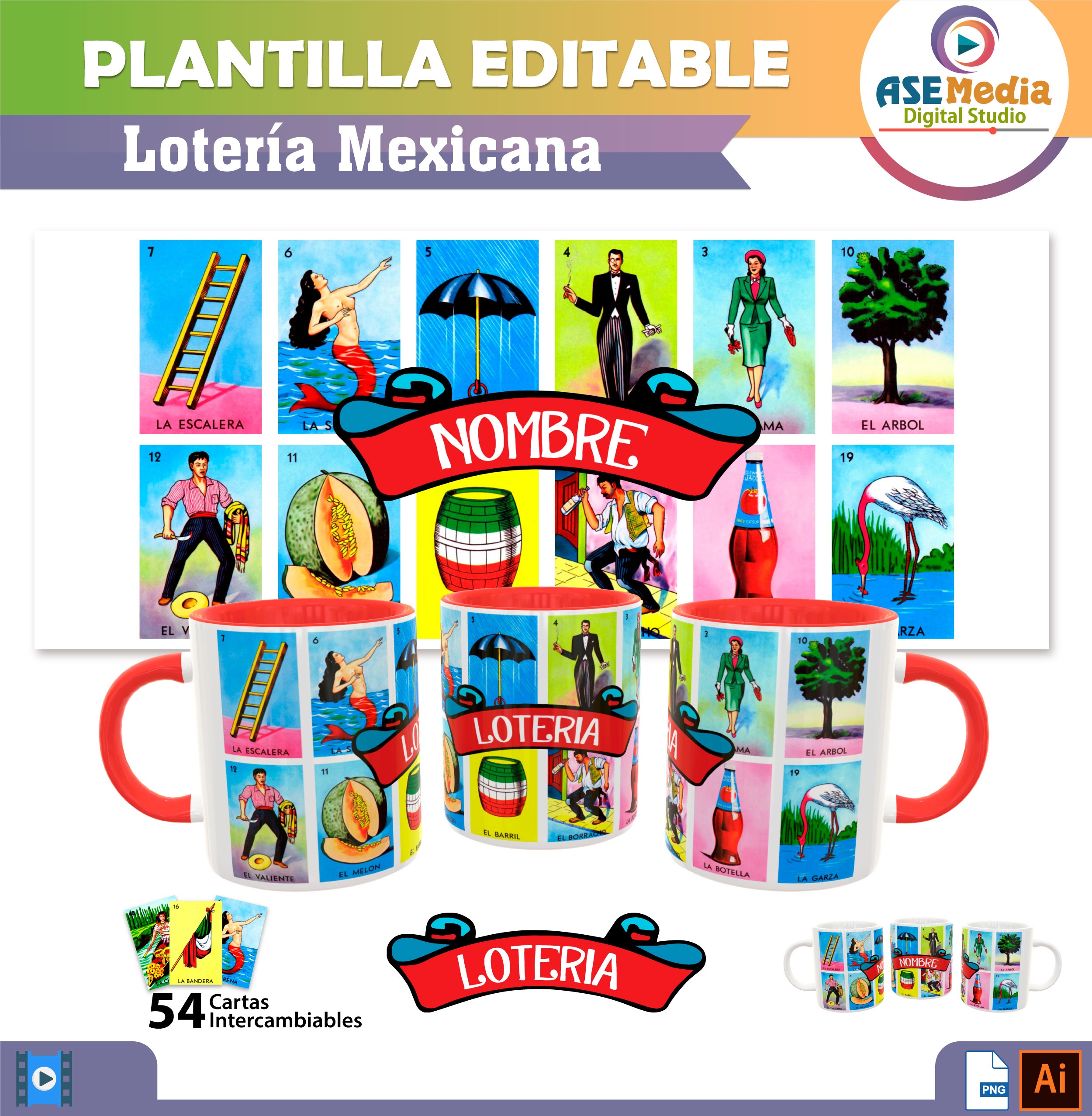 Lotería Mexicana Plantilla Editable para Sublimación de Taza