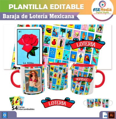 Baraja de Lotería Mexicana Plantilla Editable para Sublimación de Taza