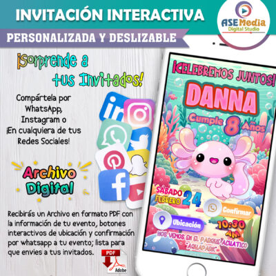 Ajolote Axolotl – Invitación Interactiva de Cumpleaños para WhatsApp