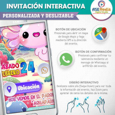 Ajolote Axolotl – Invitación Interactiva de Cumpleaños para WhatsApp