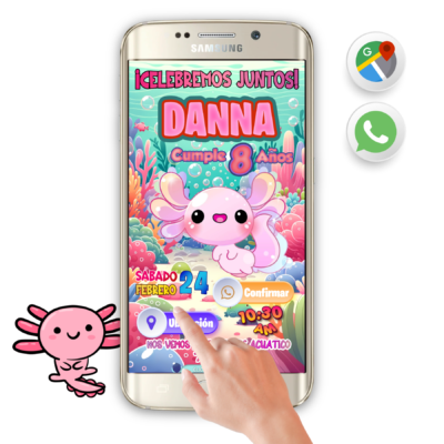 Ajolote Axolotl – Invitación Interactiva de Cumpleaños para WhatsApp