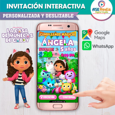Invitación La Casa de Muñecas de Gabby para WhatsApp – Invitación Interactiva de Cumpleaños