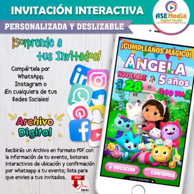 Invitación La Casa de Muñecas de Gabby para WhatsApp – Invitación Interactiva de Cumpleaños