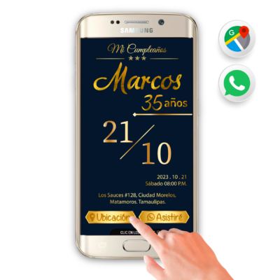Elegante, Azul y Dorado – Invitación Interactiva de Cumpleaños para WhatsApp
