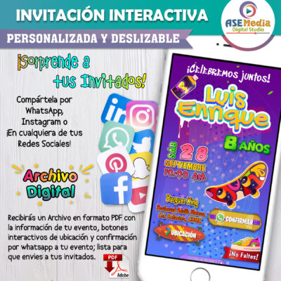 Skateboard, Patinetas – Invitación Interactiva de Cumpleaños para WhatsApp