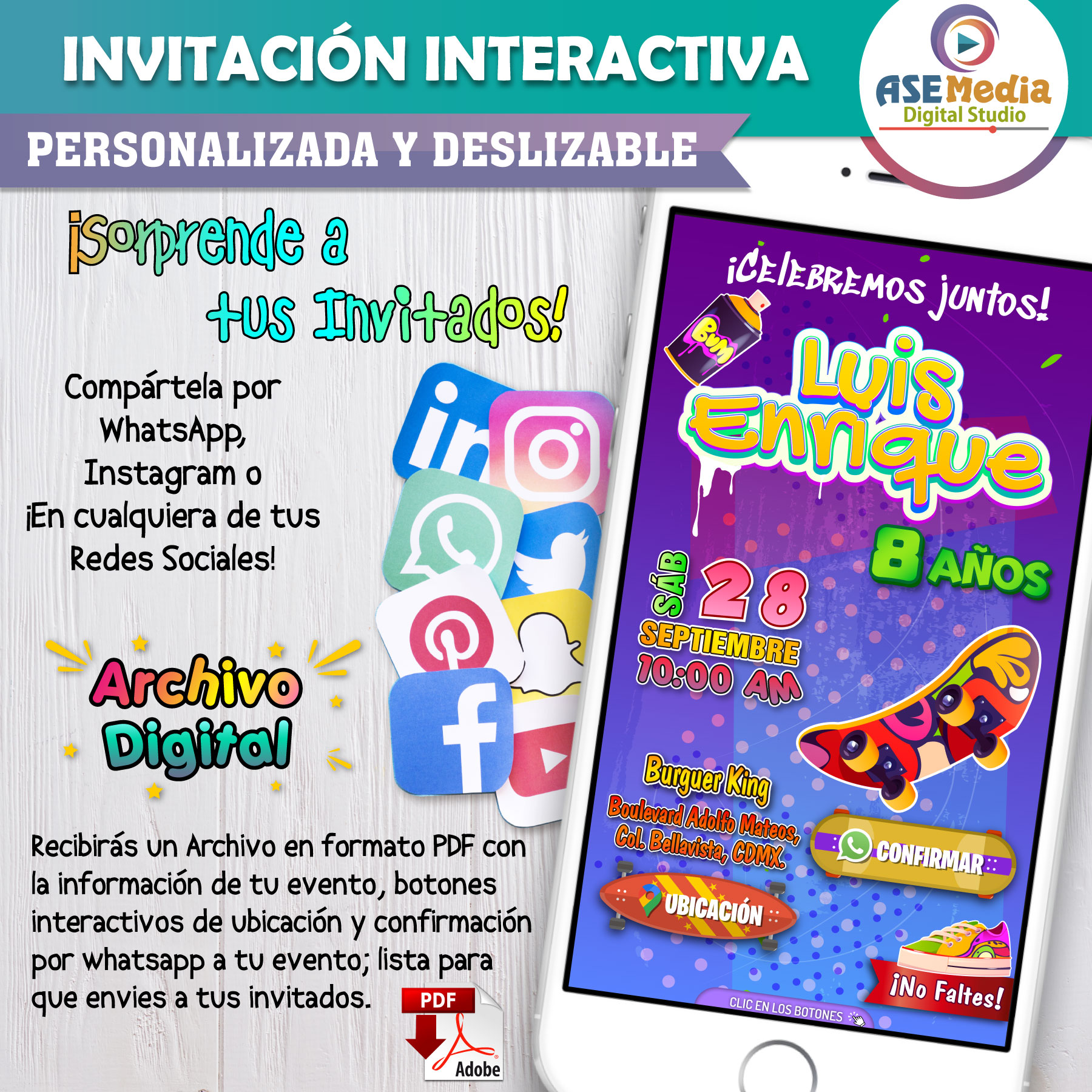 Skateboard, Patinetas – Invitación Interactiva de Cumpleaños para WhatsApp
