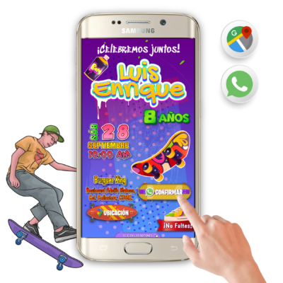 Skateboard, Patinetas – Invitación Interactiva de Cumpleaños para WhatsApp