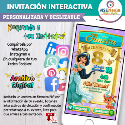 Aladdin, Princesa Jazmín – Invitación Interactiva de Cumpleaños para WhatsApp