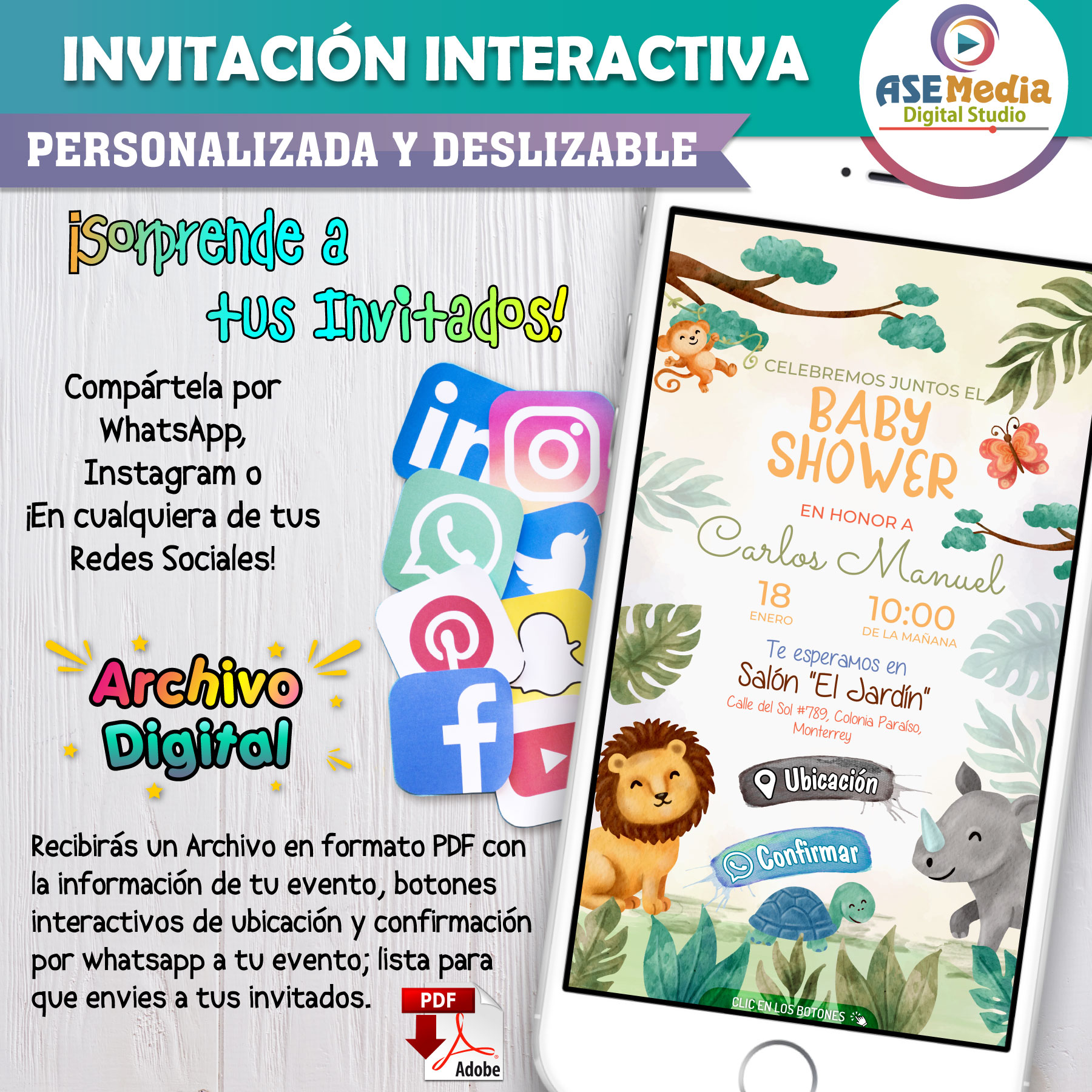 Baby Shower, Animalitos de la Selva 02 – Invitación Interactiva para WhatsApp