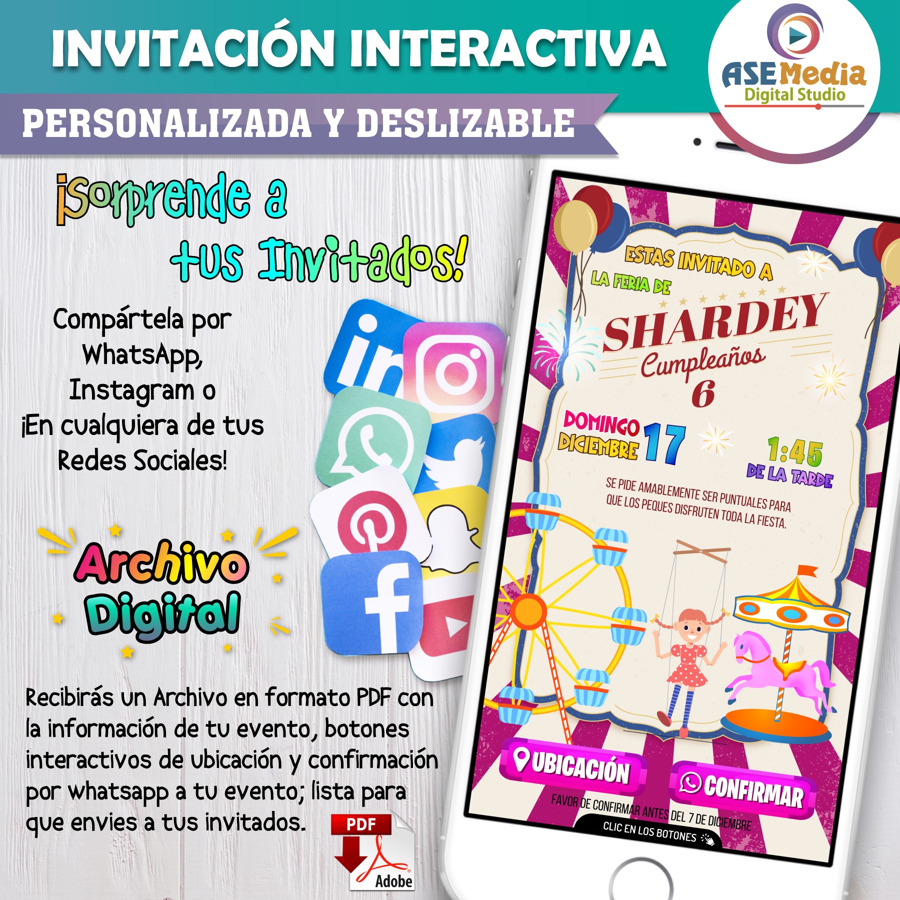 Fiesta Disco- Invitación Interactiva de Cumpleaños para WhatsApp