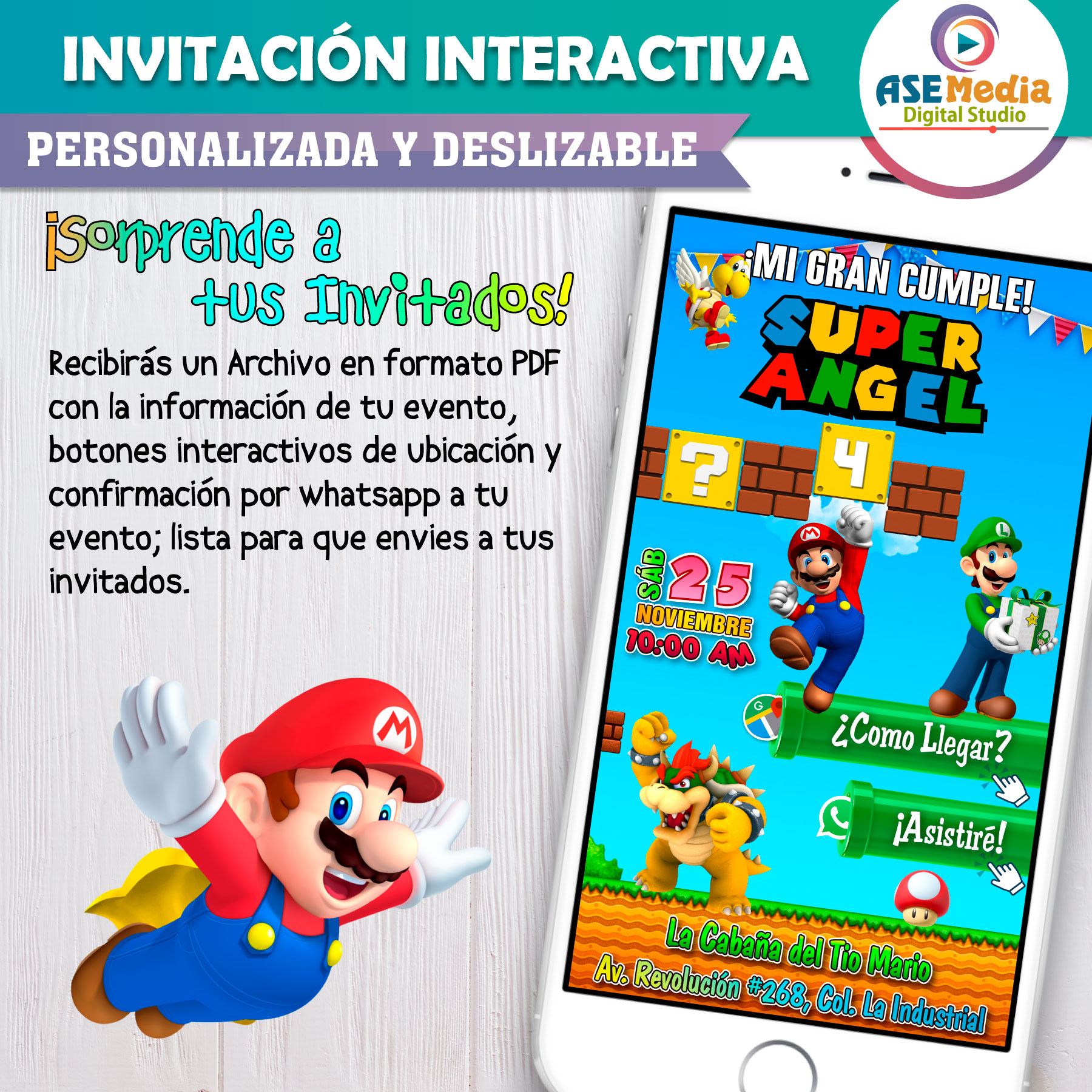 Mario Bros – 2×1 Invitación Interactiva y Video de Cumpleaños para WhatsApp