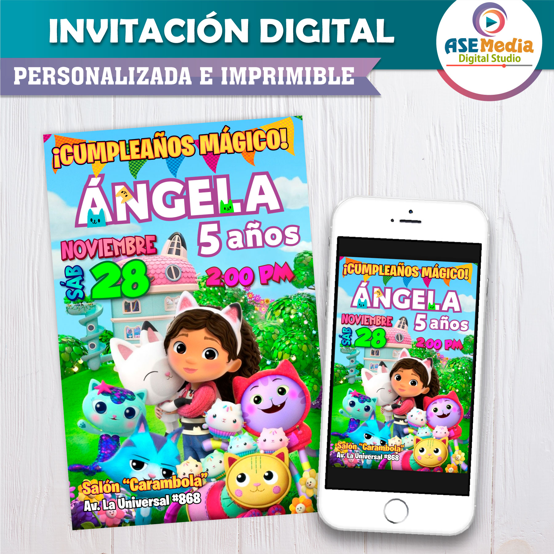La Casa de Muñecas de Gabby Invitación Digital de Cumpleaños