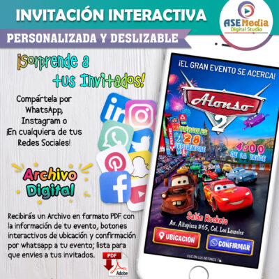 Cars, Rayo McQueen y Mate – Invitación Interactiva de Cumpleaños para WhatsApp