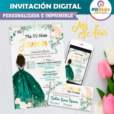 Mis XV Años Verde Esmeralda Invitación Digital