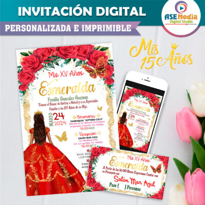 Mis XV Años Rosas Rojas Esmeralda Invitación Digital